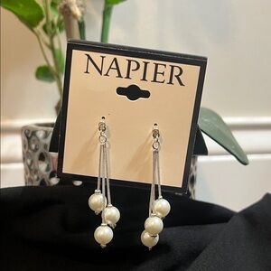 Napier Silver and Cream Pearl Dangle Earrings